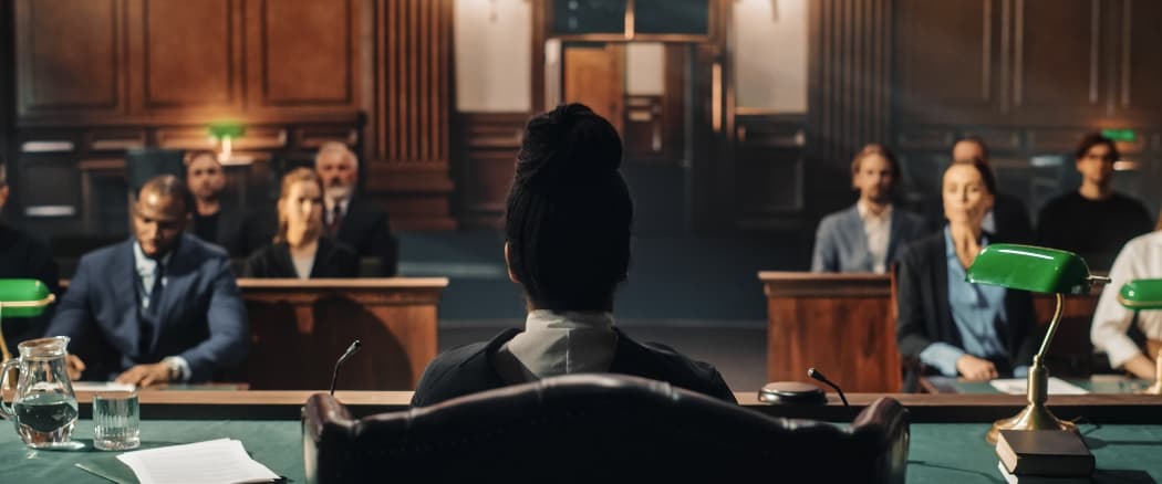 A photographic representation of a court room during a case